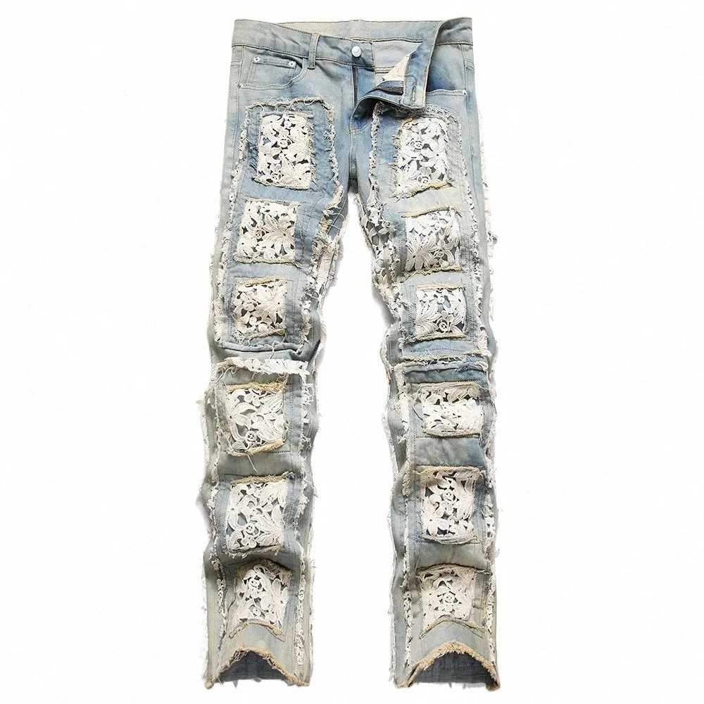 men Fr Embroidery Denim Jeans Fi Fringe Patches Patchwork Pants Slim Straight Wide Leg Trousers W8Ua#