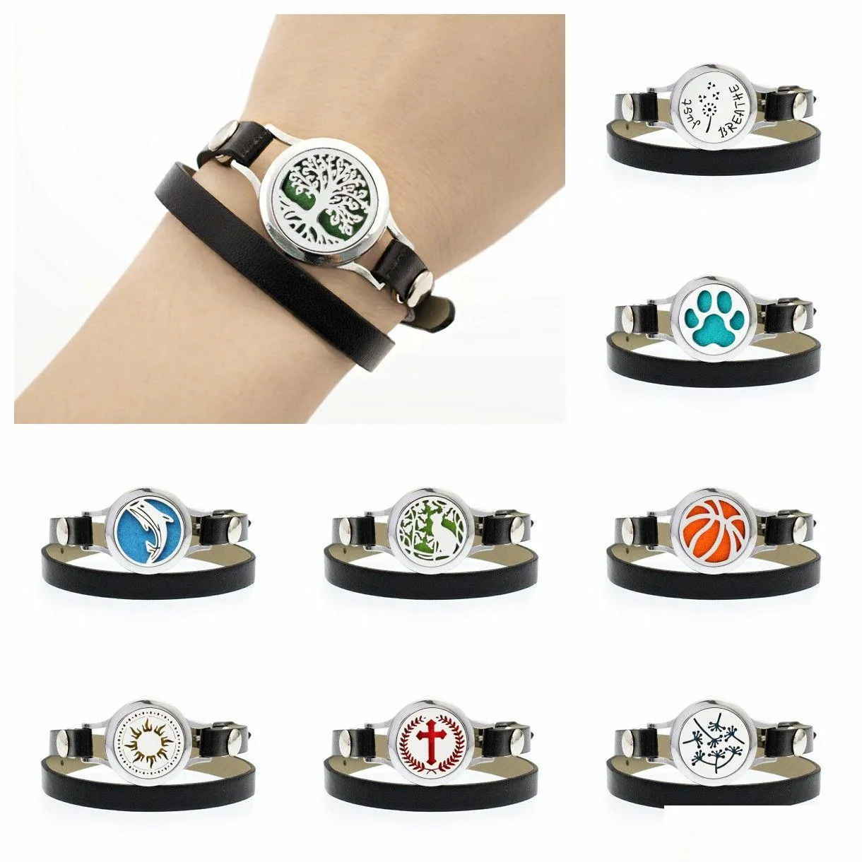 Charme Pulseiras 25mm Difusor de Óleo Essencial Medalhão Aberto para Mulheres Homens Pu Couro Wrap Bangle Aromaterapia Espaçadores Moda Jóias Dro Dhojf