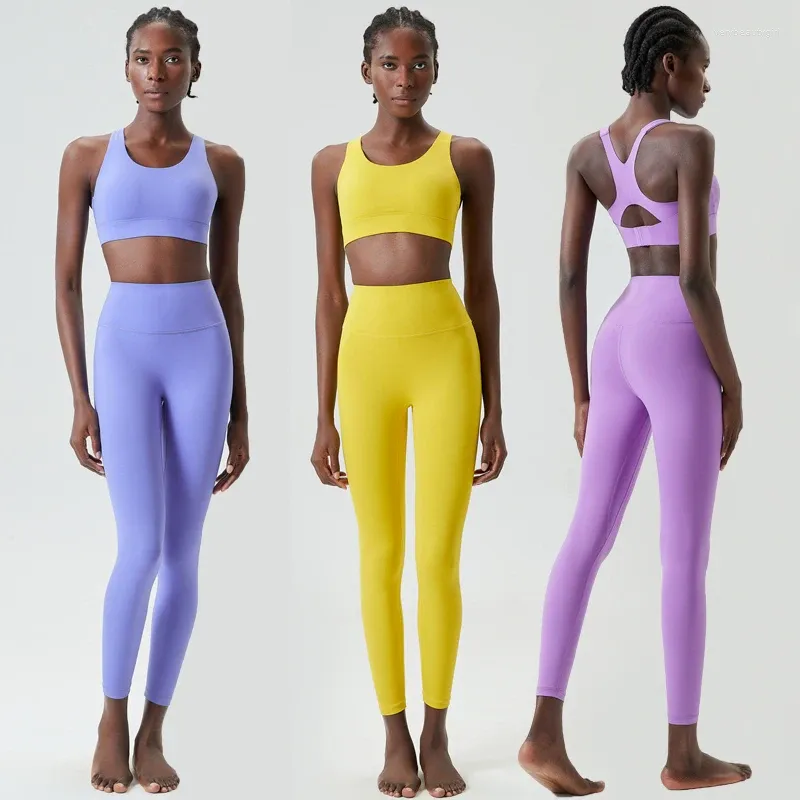 Ensembles actifs Femmes deux pièces Fitness Yoga ensemble couleur unie Super Stretch costume de gymnastique respirant séchage rapide course vêtements de sport vêtements d'entraînement