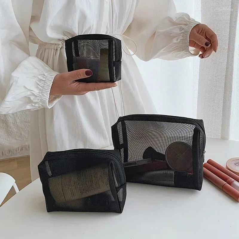 Förvaringspåsar mesh transparent kosmetisk liten stor klar svart makeup väska bärbar rese toalettartiklar läppstiftpåse