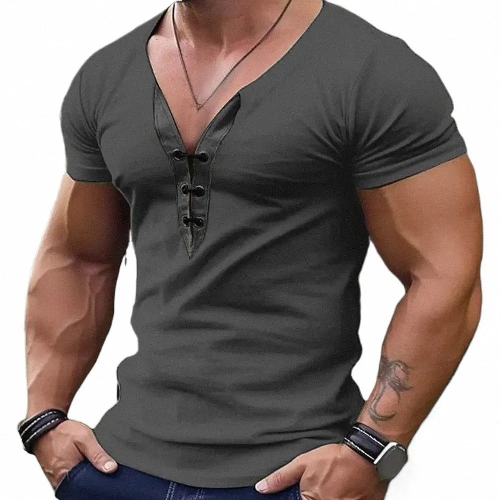 Män sommarens topp Slim Fit Soft Short Sleeve T-shirt Pullover Lace Up Breattable Casual Men Daily T-shirt E6LV#