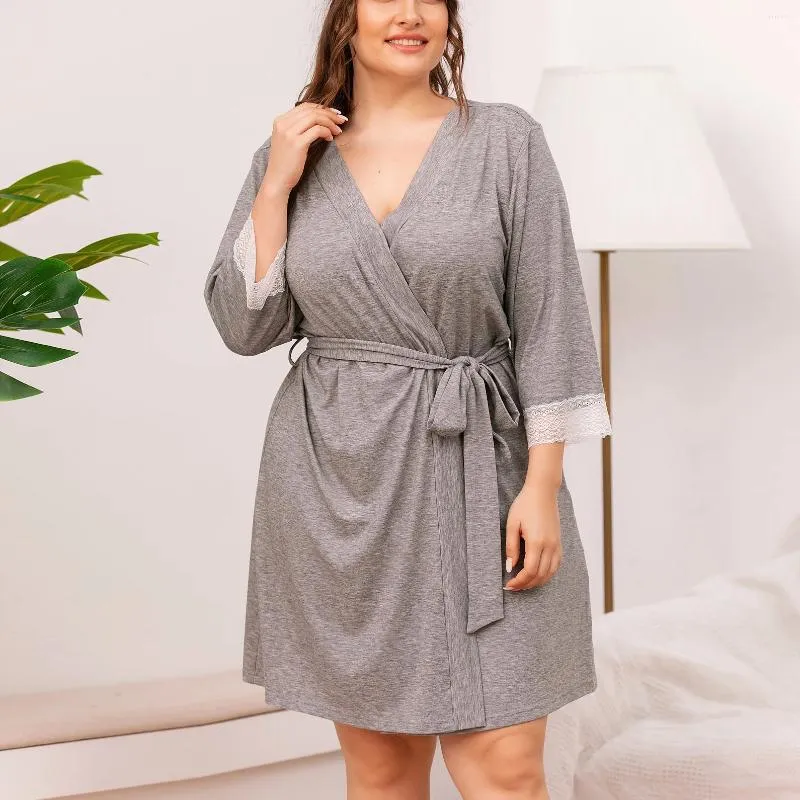 Abbigliamento per la casa Abito a maniche lunghe con bordo in pizzo Intimo da donna Accappatoio Kimono di grandi dimensioni Abbigliamento casual ampio Indumenti da notte in tinta unita