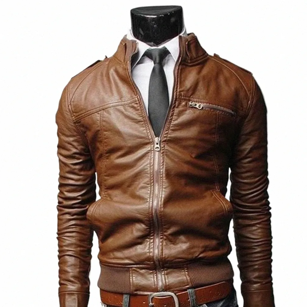 solid Color Zipper Closure Men Jacket Faux Leather Stand Collar Side Pockets Motorcycle Windbreaker Male Clothing o6ev#