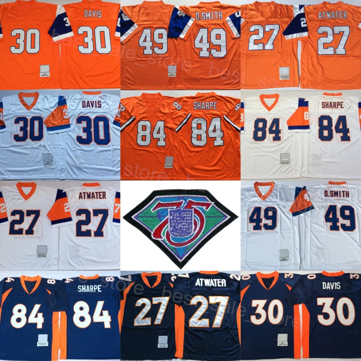 후퇴 축구 27 Steve Atwater Jersey 1994 1997 Retro 30 Terrell Davis 84 Shannon Sharpe 49 Dennis Smith 75 주년 기념일 빈티지 Orange White Navy Blue Team