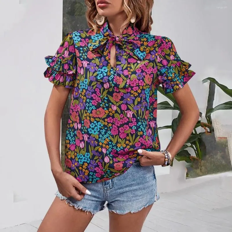 Women's Blouses Women Summer Shirt Stand Collar Tie Ruffle Short Sleeve Pullover Tops Ethnic Style Floral Print Blouse