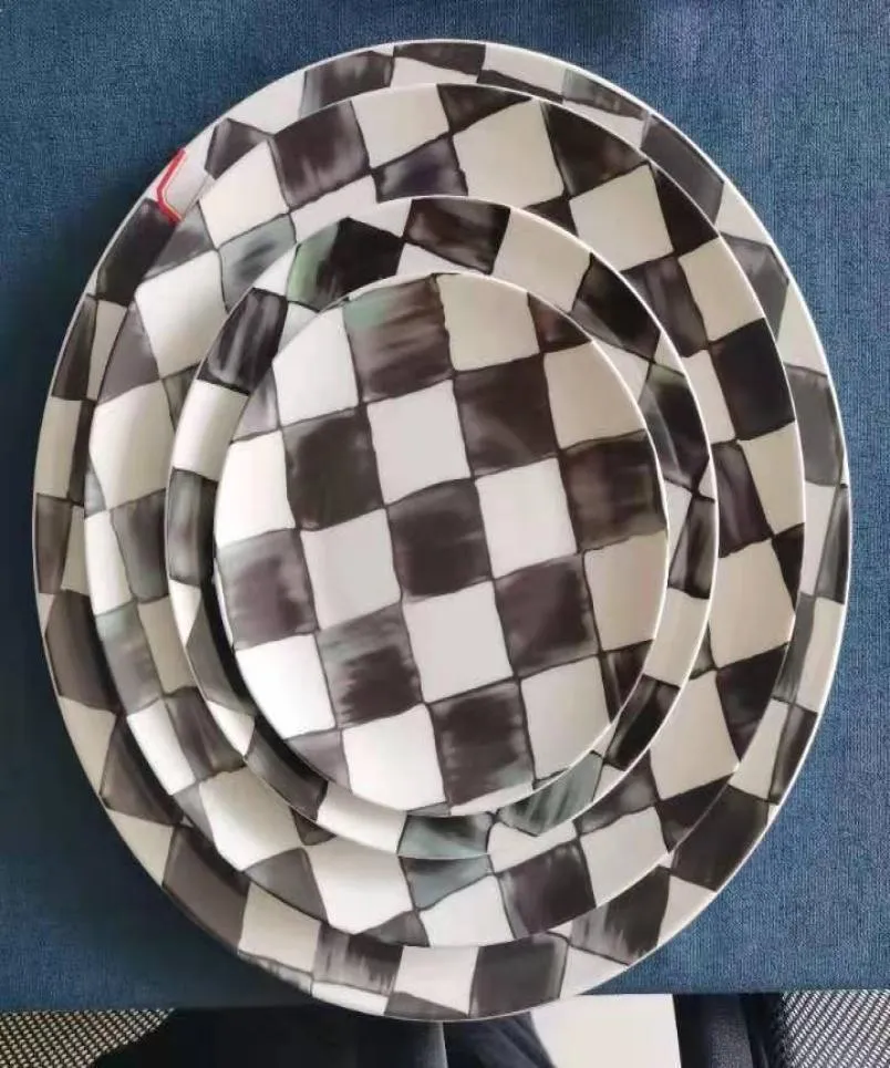 Assiettes rondes en céramique de Style marocain, ensembles de vaisselle en porcelaine à grille noire et blanche, assiette de service 3812951