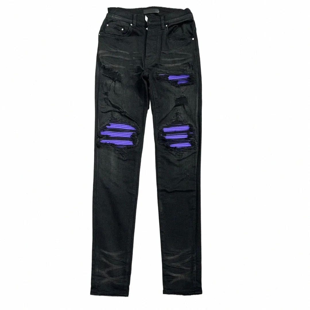 Schwarz W Water Jeans Ripped Do Old Lila Leder Patch Slim Butts Jeans Männer High Street O9df #