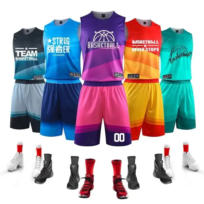 Homens crianças camisa de basquete personalizado meninos feminino uniforme define poliéster camisa respirável 240325