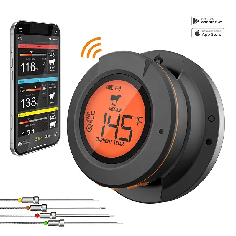 Jauges Thermomètre à viande sans fil numérique Bluetooth cuisson thermomètre alimentaire barbecue gril four fumeur Support 2/4 sonde contrôle d'application gratuit