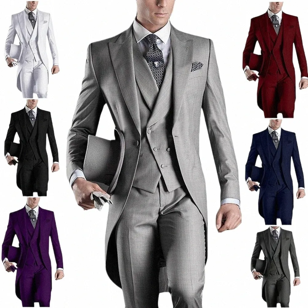 На заказ белый/черный/серый/бурый фрак мужские костюмы для выпускного вечера жениха для свадьбы смокинги куртка + брюки + жилет G1qV #