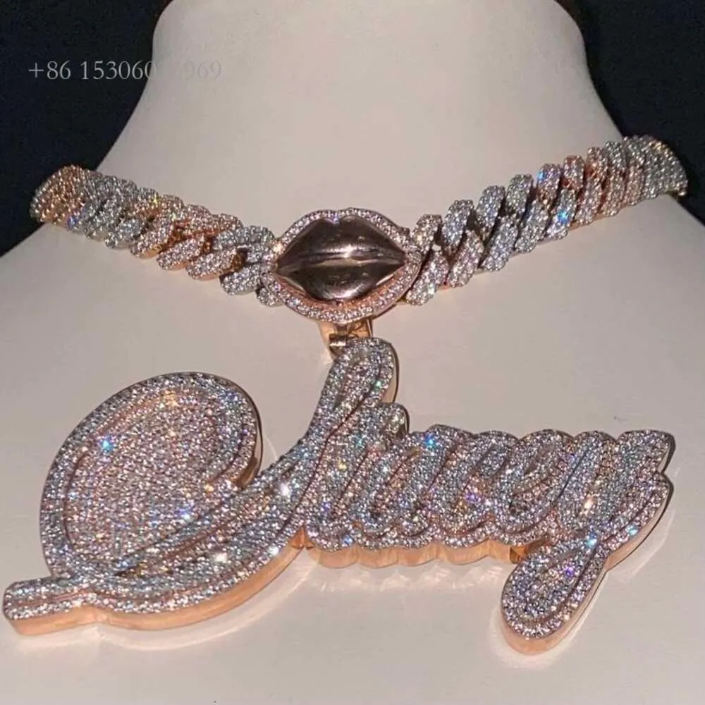 Targhetta con nome iniziale personalizzata Pendenti con lettere Sier Ciondolo in moissanite ghiacciato hip-hop con design 3D a forma di balla di labbra