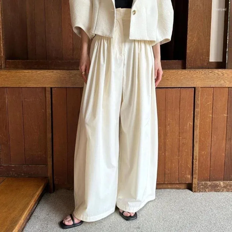 سروال نسائي واكوتا 2024 الربيع عالية الخصر طية طية أزياء سروال ألوان صلبة النساء اليابانية عريضة الساق