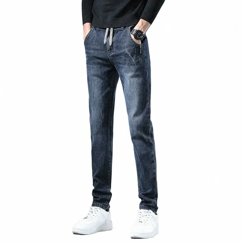 Lente Herfst 2024 Nieuwe Mannen Trekkoord Elastische Taille Denim Jeans Slanke Voeten Broek Koreaanse Mannen Streetwear Zwarte Harem Baggy jeans H1K2 #