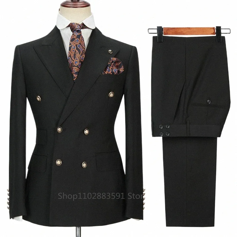 Fi Черные мужские костюмы Комплект из 2 предметов Высокое качество Формальный двубортный костюм с острыми лацканами Slim Fit Smart Wedding Повседневный смокинг 356A #