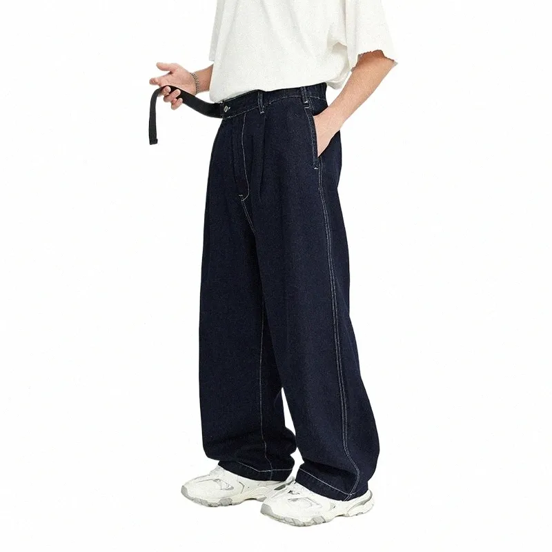 inflation Stitching Wide Leg Denim Trousers Unisex Baggy Jeans Pants R64p#