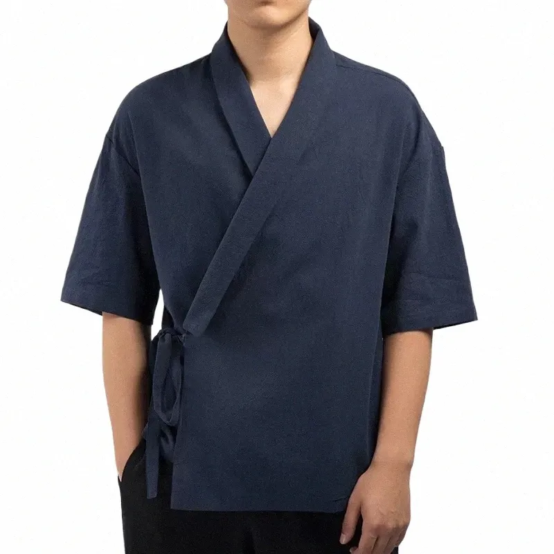 Camicia da uomo Kimo giapponese Harajuku Camicia da uomo in lino Retro Origine Streetwear Cardigan Outwear Camicie tradizionali a punto aperto i0c0 #
