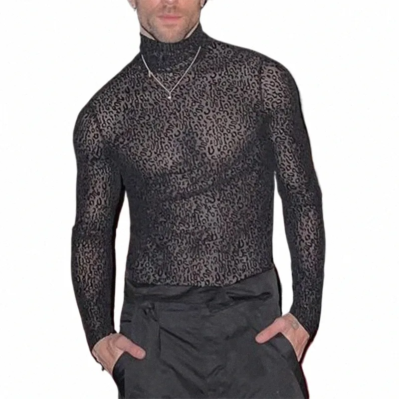 Incerun T-shirt da uomo con stampa leopardata dolcevita maglia sexy manica Lg vedere attraverso camicie 2023 streetwear Fi abbigliamento uomo n2Pu #