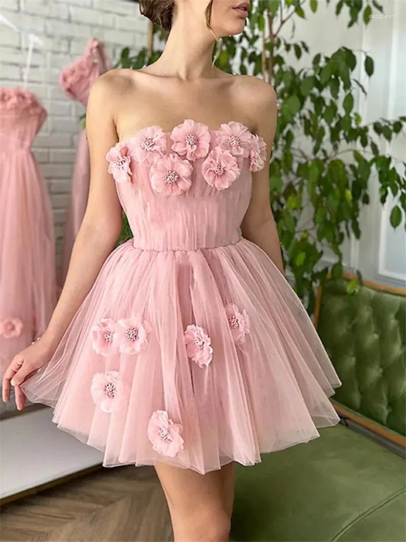 Party Dresses 3D Flower Knee Length Cocktail Dress Romantic A-line Strapless Homecoming Sweet Bohemian Vestidos De Novia