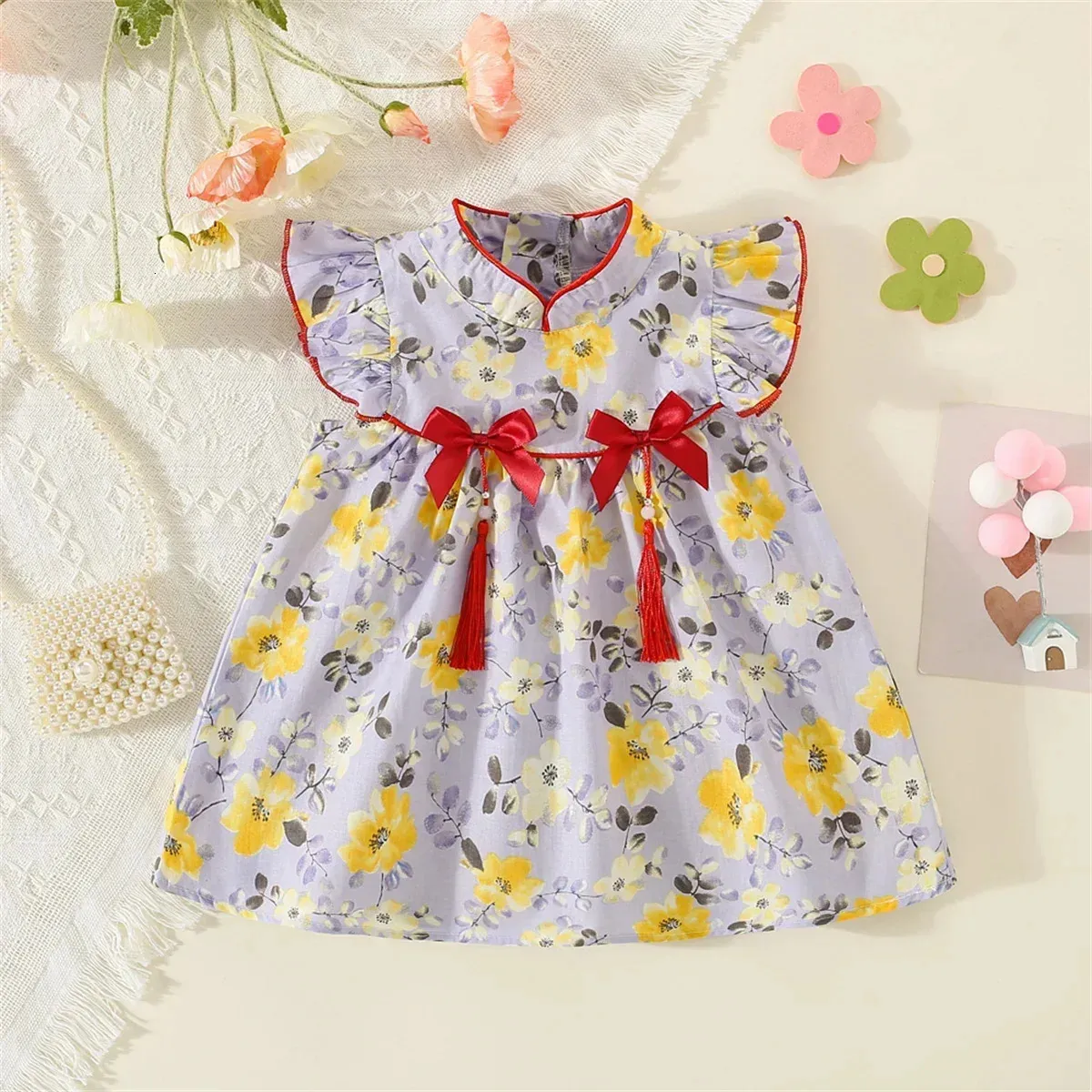 Robe d'été pour petites filles, belle Version coréenne, tissu en coton avec nœud floral, Style chinois Qipao 240325