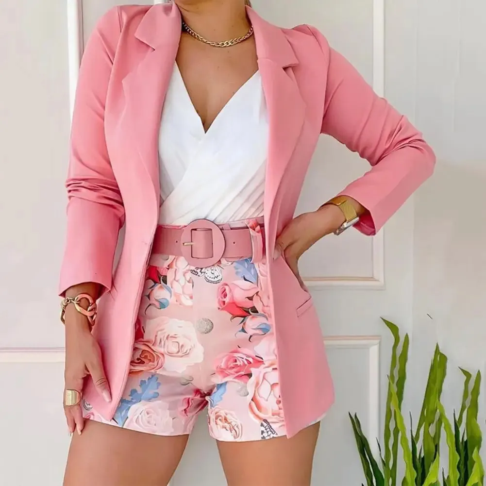 2 StuksSet Vrouwen Blazer Shorts Set Bloemenprint Pak Jas Effen Kleur Lange Mouwen Lady Outfit Voor Daitng 240328