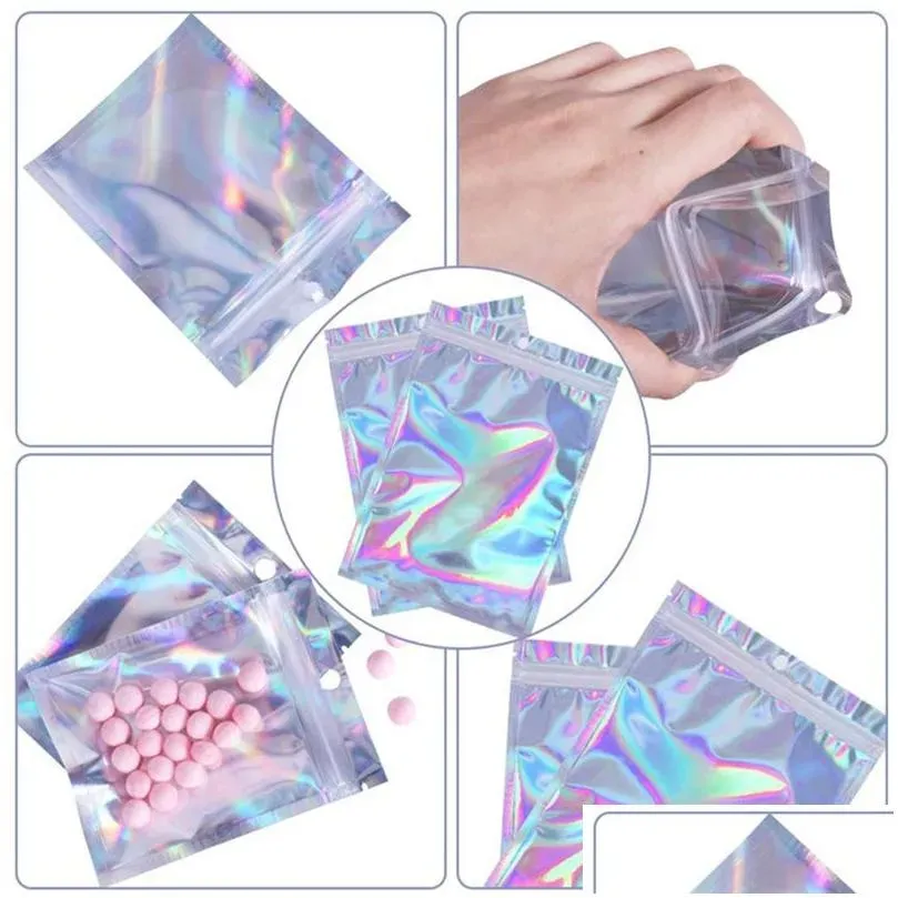 wholesale plastic zipper bag laser holographic aluminum foil pouch bags smell proof reclosable pouches for food snack