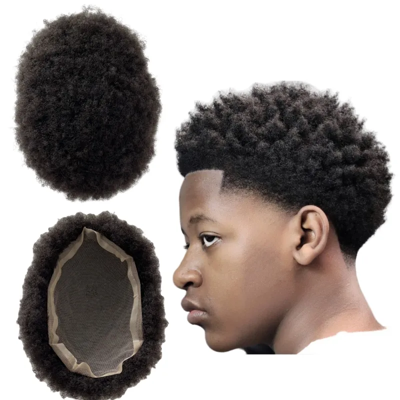 Braziliaanse Virgin Menselijk Haar Vervanging #1b Zwart 2mm Afro Full Lace Toupet 7x9 Duurzame Kant Unit voor Zwarte Mannen