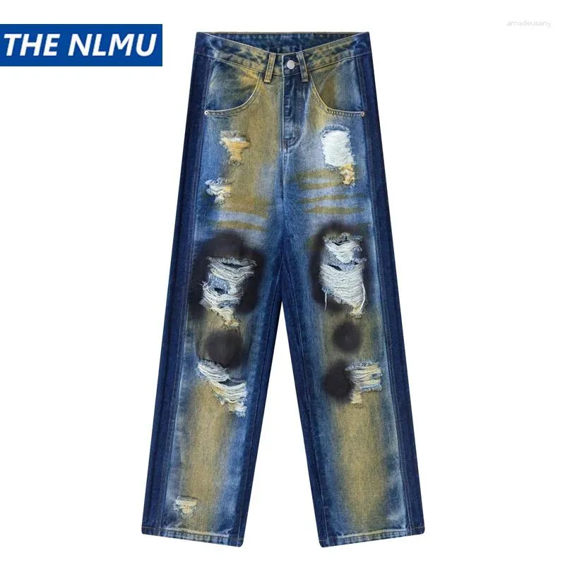 Mäns jeans 2024 Hip Hop Ripped Y2K American Style Destoed Hole Baggy Denim Pants Wash Vintage Retro Jean Hipster