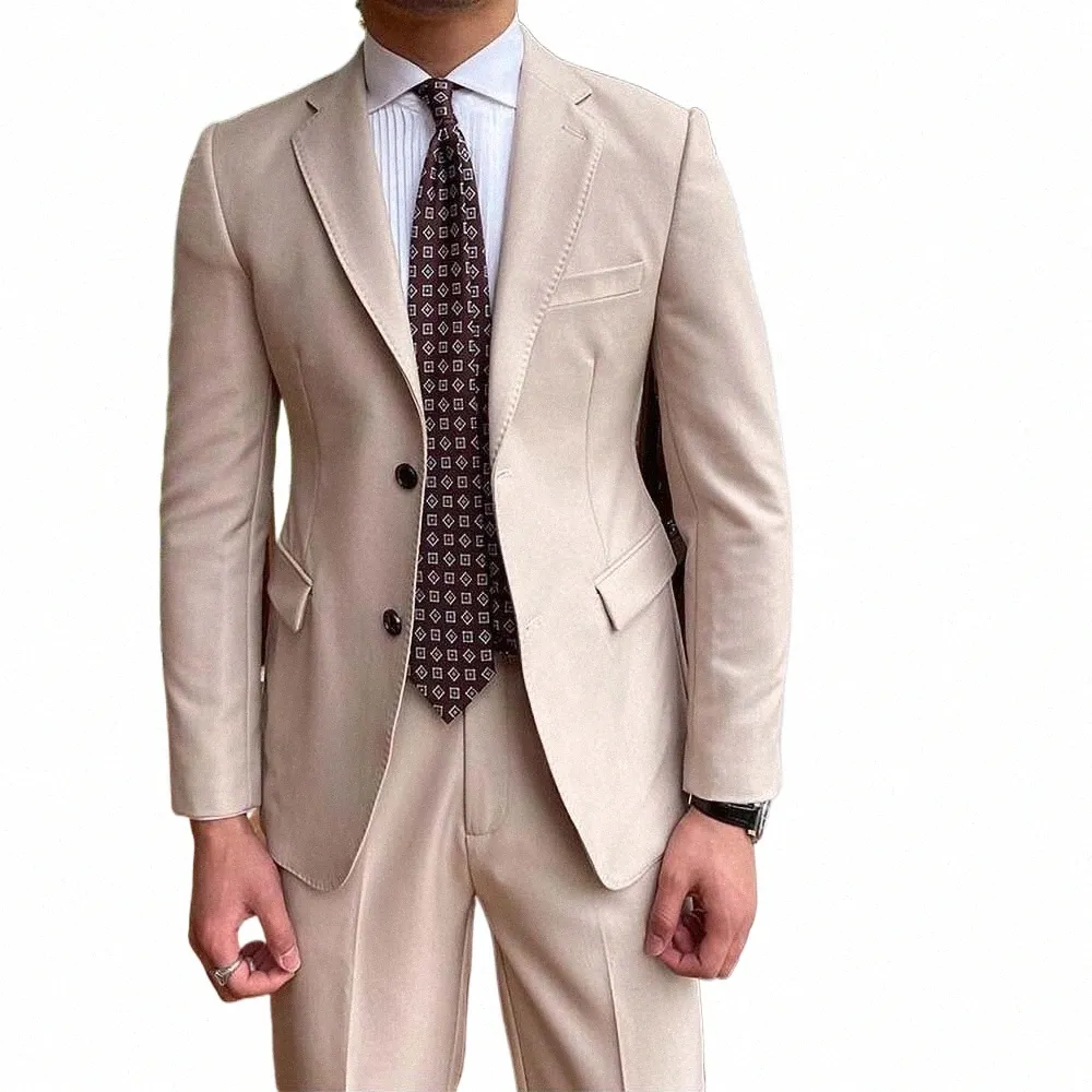 Wysokiej jakości mężczyźni Suits Beige 2 -częściowe solidne klapy pojedyncze piersi zestaw blezer