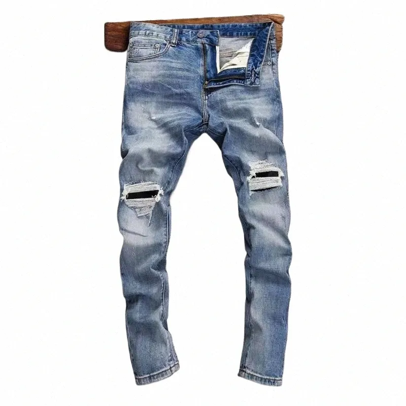 high street fi män jeans retro blå stretch smal fit vintage rippade jeans män lapped designer hip hop denim pants hombre 83lk#