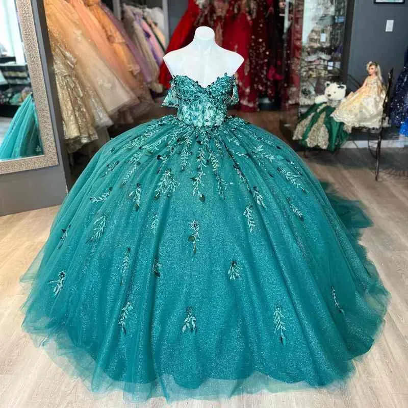 Smaragdgroene Kristallen Baljurk Quinceanera Jurken Off Shuolder Bloemen Applicaties Kralen Luxe Sweet 16 Jurk Vestidos De Xv Anos