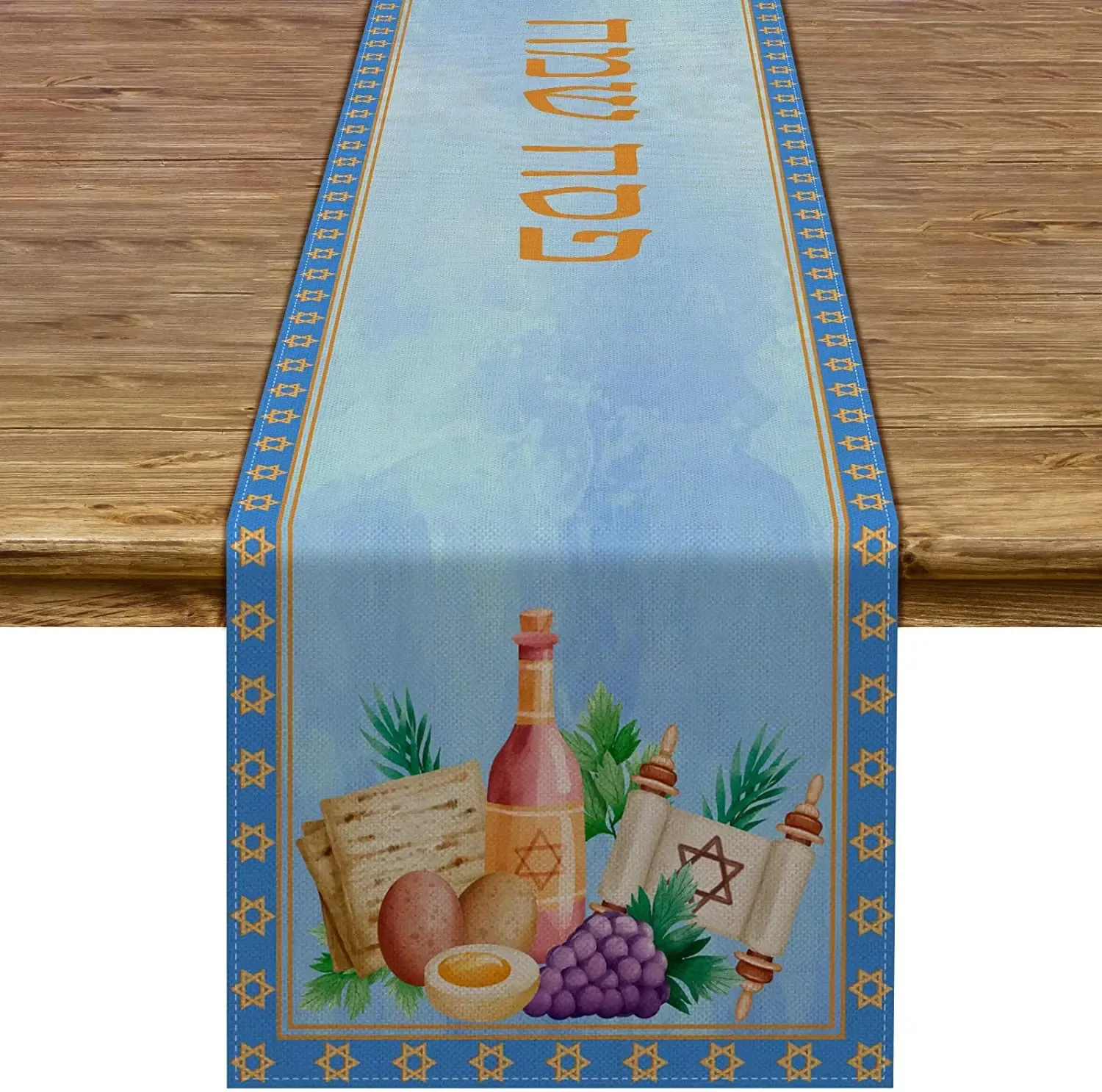 Passover Linen Table Runner Pesach Seder Matzoh Red Wine Star of David Je Holiday Party Dinning Decoration 240325