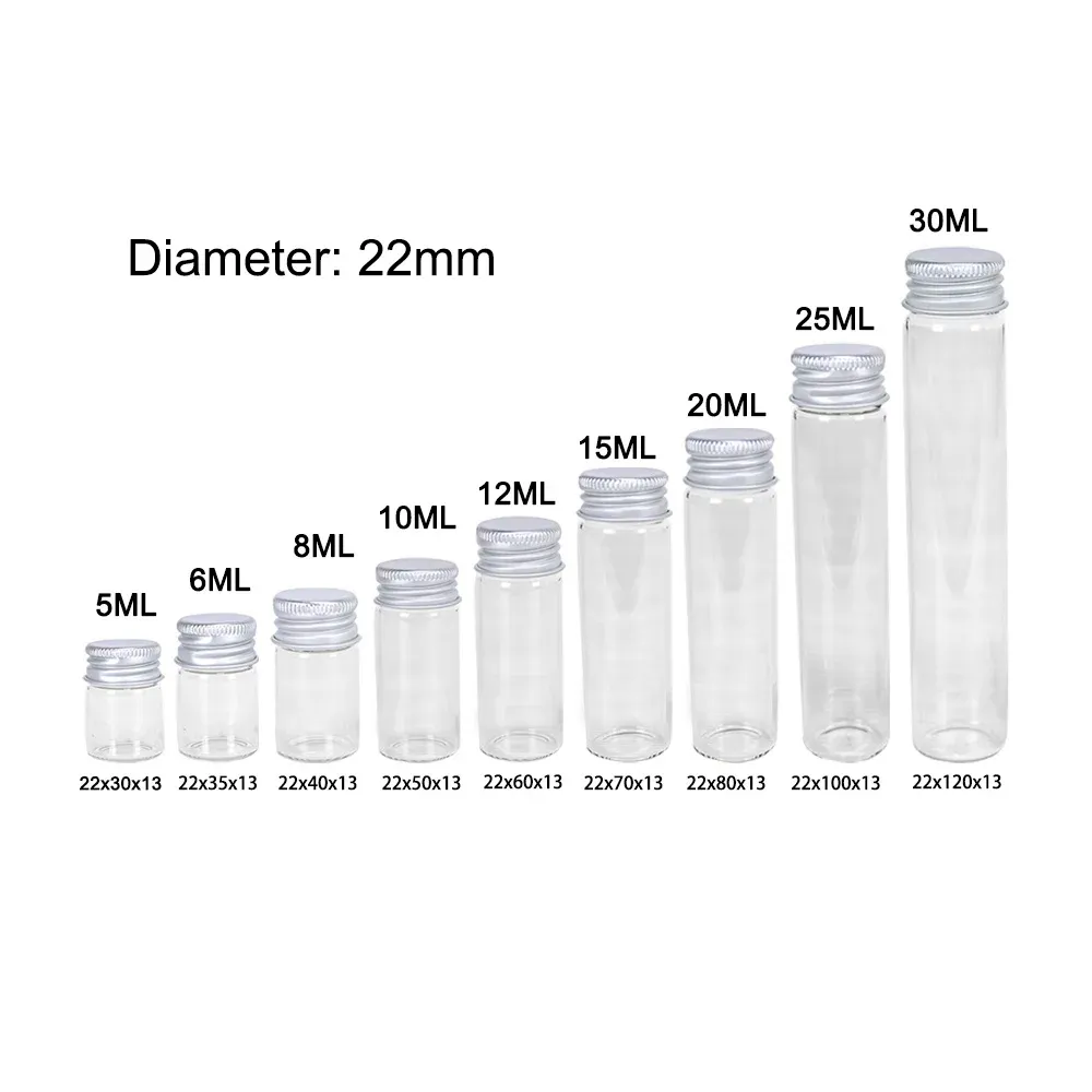 Burkar 10 bitar 5 ml/6 ml/8 ml/10 ml/12 ml/15 ml/20 ml/25 ml/30 ml glasflaskor med aluminiumlock små mini -glasburkar 9 storlekar