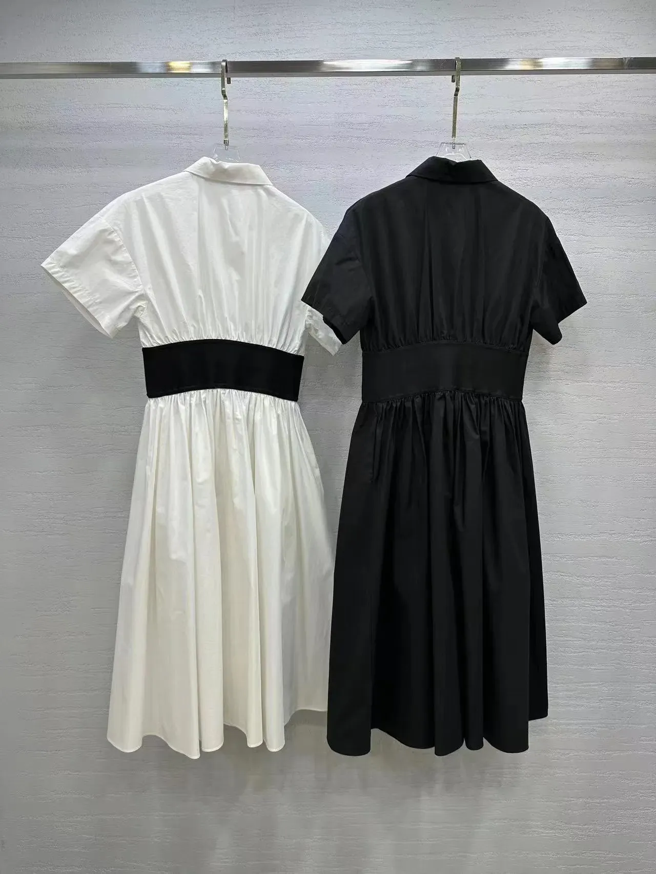 Milan Runway Dress 2024 Lapel Neck Black/White Short Sleeves Slim Ribbon Long Dresses Holiday Vestidos De Festa 22905