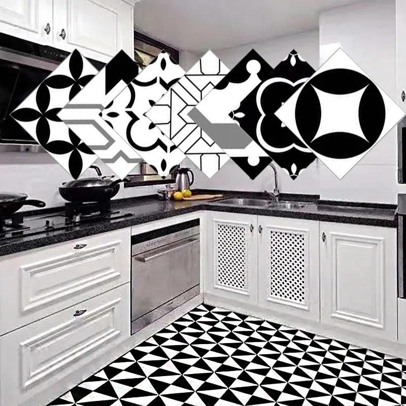 Stickers 10 PCS Of SelfAdhesive Black And White Tile Stickers 3D Waterproof NonSlip Kitchen Wallpaper DIY Floor Stickers Home Decoratio