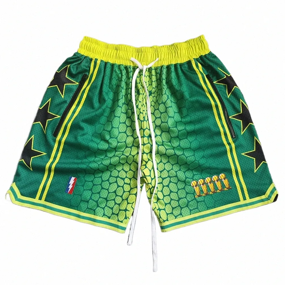 Trillest Bryant Mamba Snake Mönster Tryckt Gradient Green Five Champiship Editi Basketball Shorts med dragkedja Pockets 77ch#