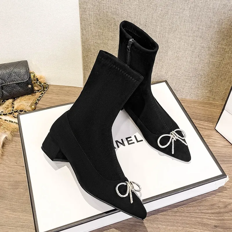 Boots Crystal Bowtie Flock Ankle Boots Femmes Femme Zip Open Shot Sock Boties Femme Pointé Pointé Botas Hiver Botas Mujer Automne Botines