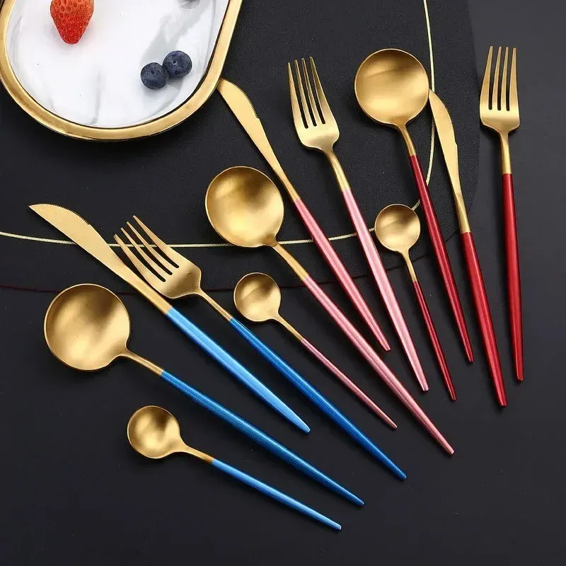 16st Pink Gold Ceries Tabelleriset Set Mirror Rostfritt stål Cutlery Kök Knife Fork Forsk Restaurang Bröllopsutsättning