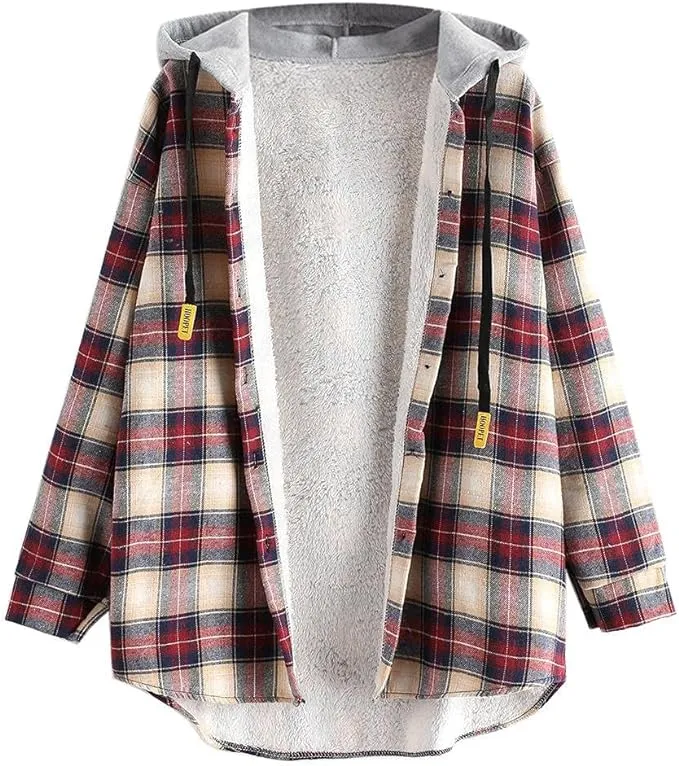 Zaful Women's Plaid Fleece Lined Hooded Jacketボタンアップ特大ファジーコートチェッカーフランネルフーディージャケット