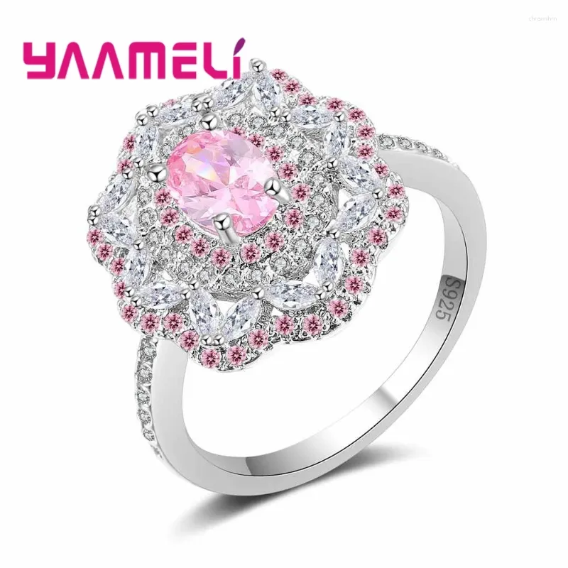 Кольца-кластеры с кубическим цирконом, красивый розовый цветок в форме пальца, ювелирное изделие, подарок для женщин, серебро 925 пробы