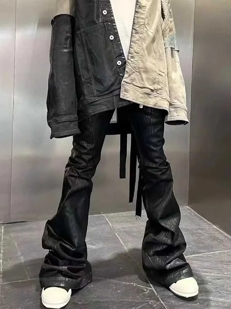 Black Wax Leather Flare Jeans For Men Y2K Hombre Baggy Style Black Wax Leather Flare Jeans For Men Y2K Hombre Baggy Style