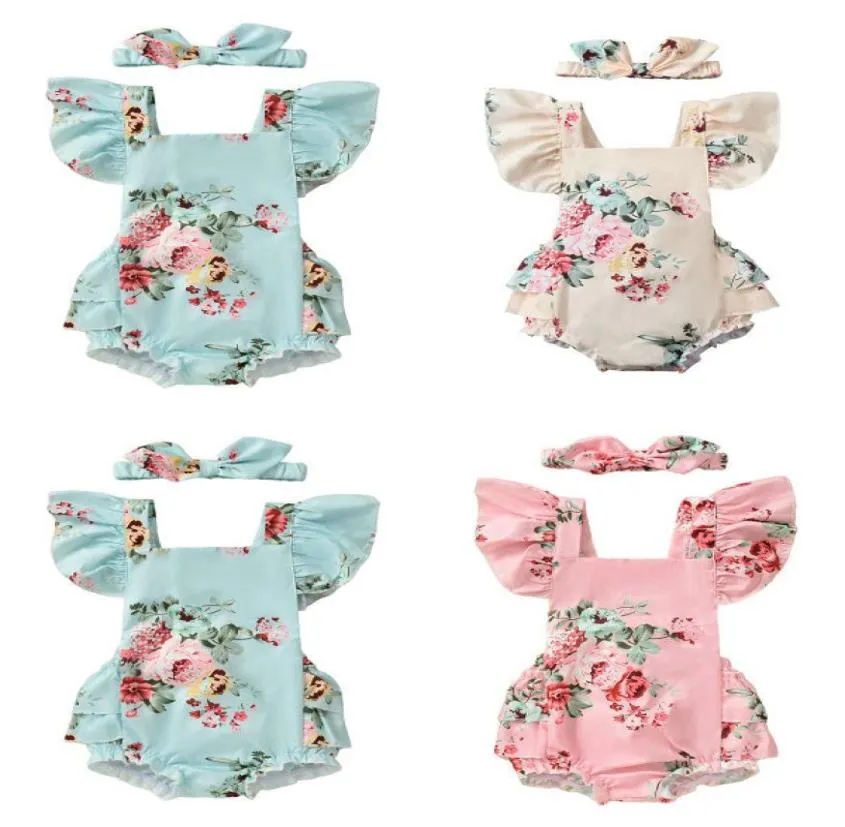 Retailwhole baby meisjes bloemen romper met strik hoofdband 3 kleuren pasgeboren baby kinderen vliegen mouw prinses onepiece rompertjes Jum2272855