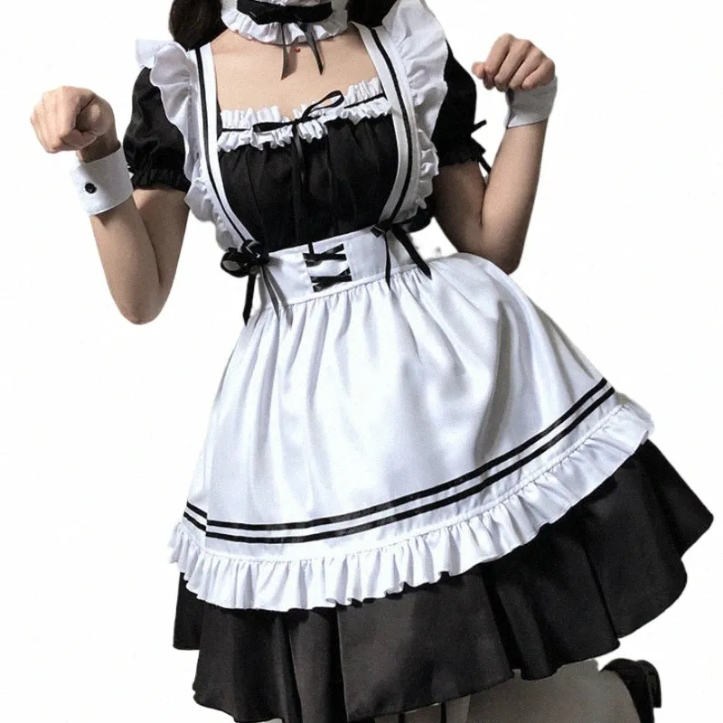 Czarna biała lolita pokojówka kostium cosplay cosplay urocze dr sexy francuski apresja mundur kawiarnia kawiarnia spódnica damska odzież h6vc#