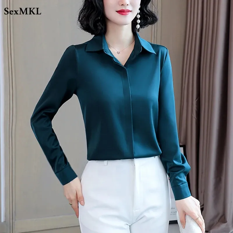 Kvinnor Silk Office Shirt Fashion Long Sleeve Casual Woman Tops Elegant Ladies Vintage White Satin Bluses Shirts Overdimensionerade 240315