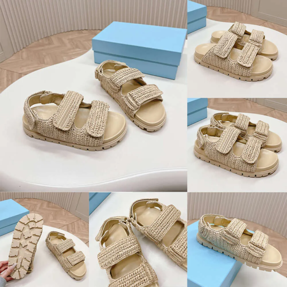 Sandales de plage en paille pour femmes, pantoufles plates de styliste à deux sangles, chaussures décontractées d'été avec boîte 541