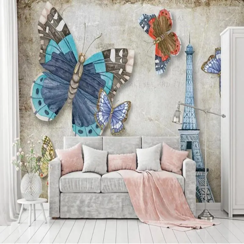 Sfondi Milofi Carta da parati personalizzata di grandi dimensioni Murale 3D Moderna Retro Farfalla Torre di Parigi Soggiorno Sfondo TV