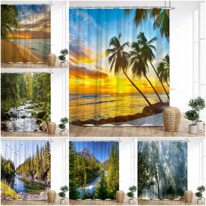 Rideaux de douche Nature Paysage Rideau Océan Tropical Pluie Plage Coucher de soleil Rivière Cascade Moderne Impression Maison Salle de bain Décor avec crochets