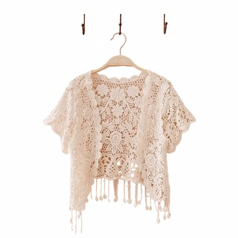 women Short Sleeve Tassels Cardigan Lace Shrugs Sheer Beach Cover Up for Dres N7YF g8Me#