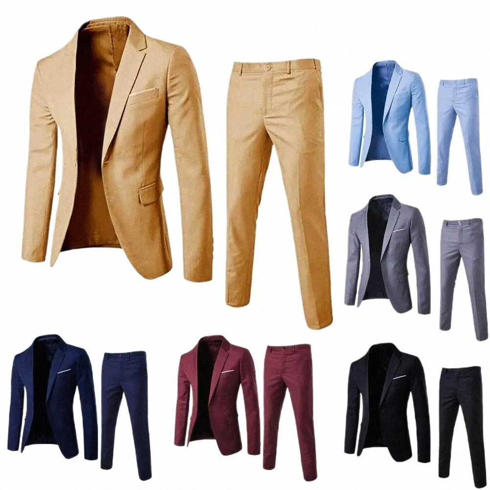 1 Set Men Blazer Pants Solid Color Lg Sleeve Slim Fit Turndown Collar Temperament One Butt Pockets Suit Set Men Clothes Y7YI#