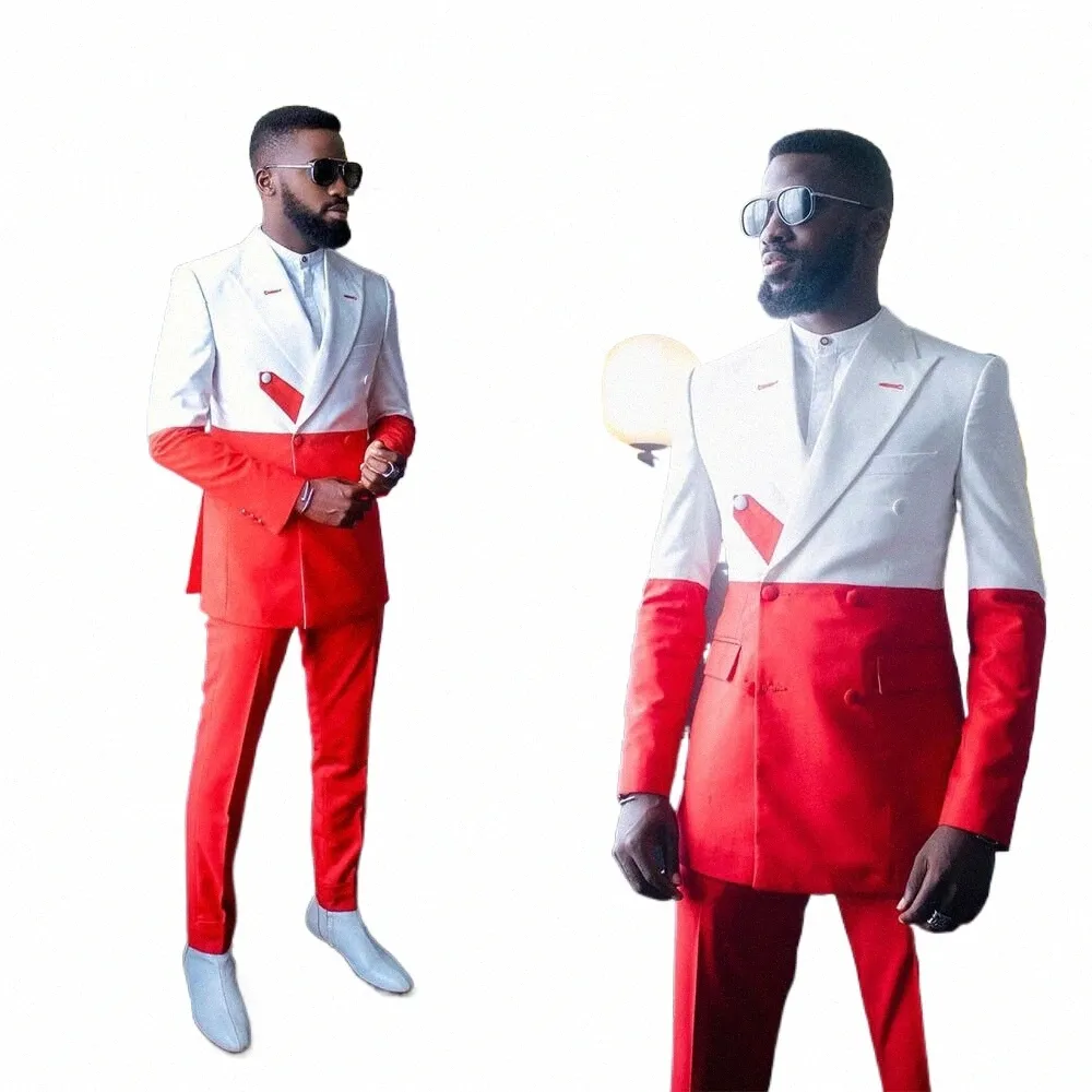 Мужские костюмы из 2 предметов Белый Красный Сращивание Slim Fit Жених Свадьба Официальная одежда для вечеринок Traje Americana Hombre W0vX #