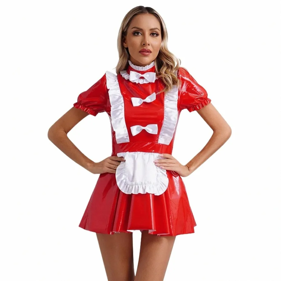 donna Anime costume da cameriera francese dolce Kawaii serva in pelle PVC lucido Apr Dr Halen Party Cosplay Dr Up C8vO #